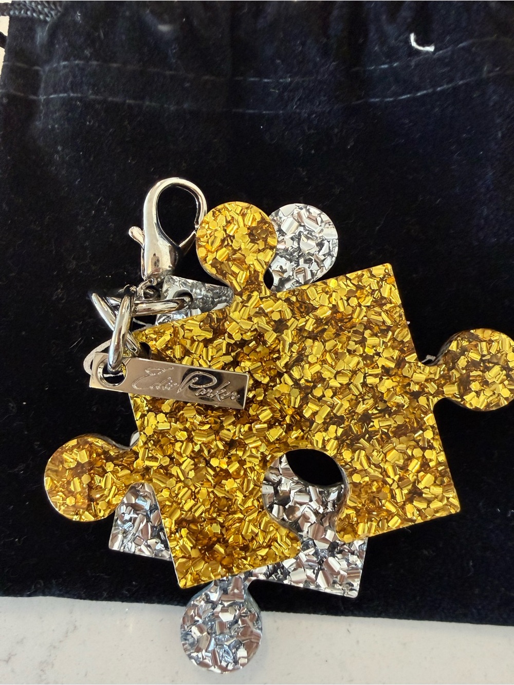Edie Parker Metallic Gold & Silver Puzzle Piece Keychain - Picture 3 of 3